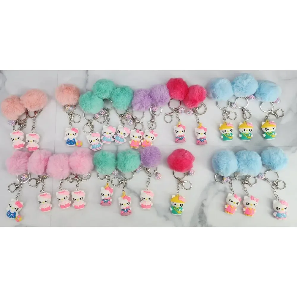 Hello Kitty 3D Figure Keychain, puff ball & mini bead filled bubble Pink Purple